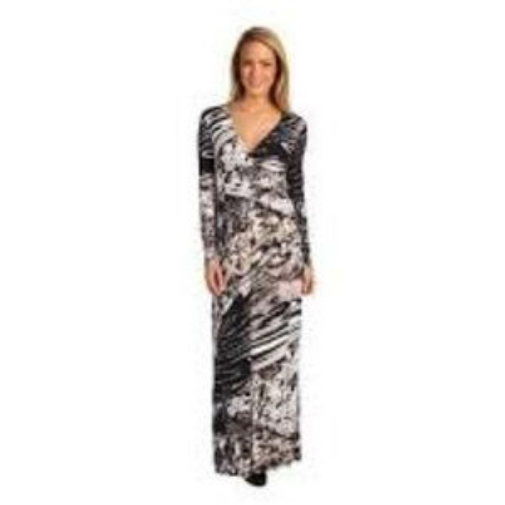 BCBG MaxAzria Pearl and Brown Long Sleeve Abstract Maxi Dress XS - Picture 3 of 13